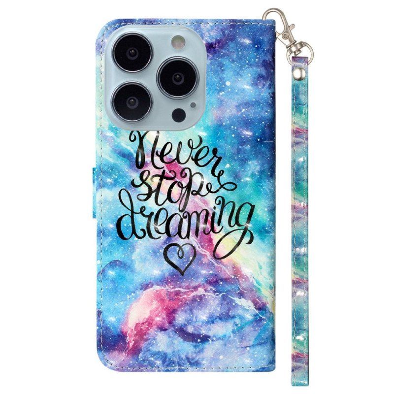 Folio Deksel Til iPhone 15 Pro Med Kjede Never Stop Dreaming 3d Strap