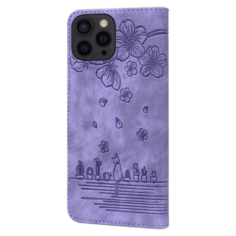 Folio Deksel Til iPhone 15 Pro Med Kjede Thong Cat Daydream