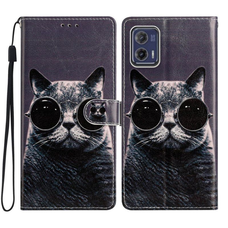 Folio Deksel Til Moto G73 5G Med Kjede Strappy Glasses Cat