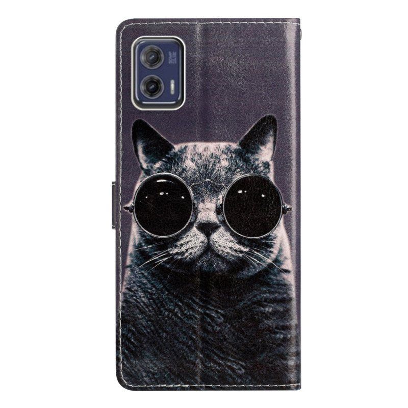 Folio Deksel Til Moto G73 5G Med Kjede Strappy Glasses Cat