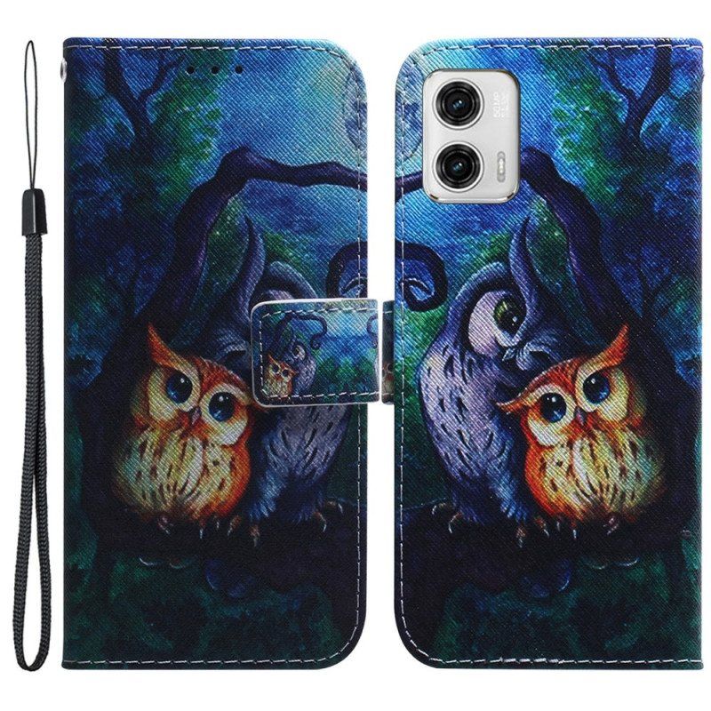 Folio Deksel Til Moto G73 5G Med Kjede Strappy Owls Maleri