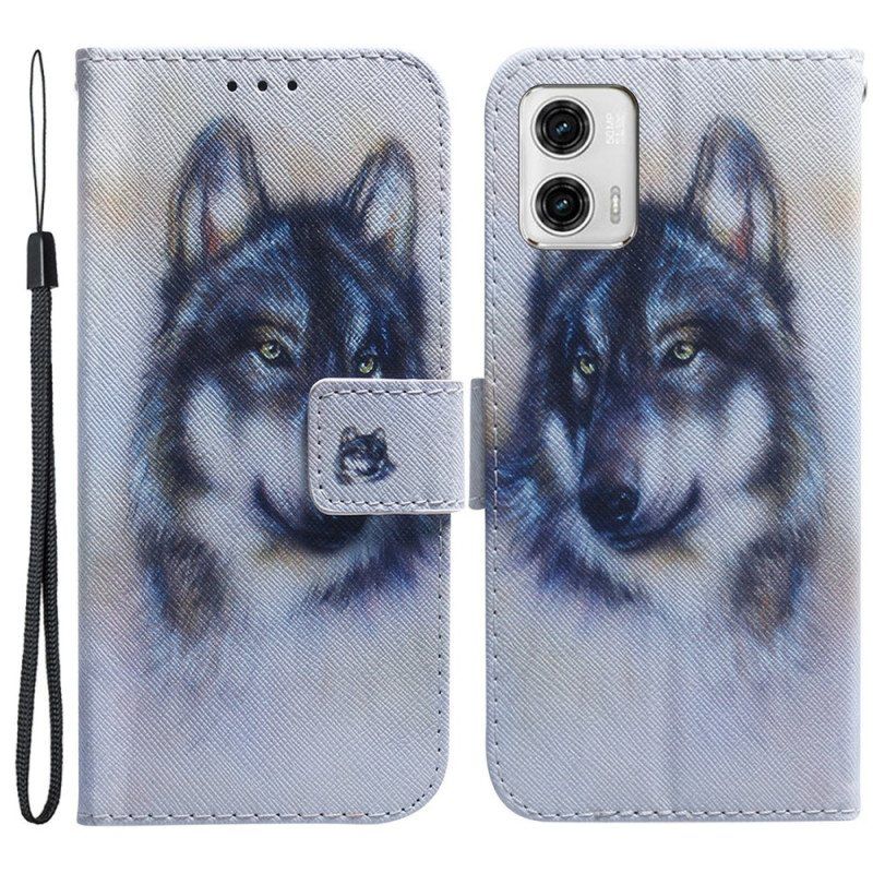 Folio Deksel Til Moto G73 5G Med Kjede Strappy Watercolor Wolf