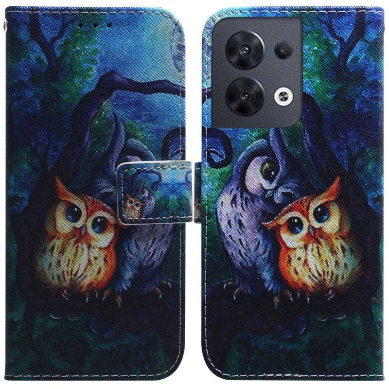 Folio Deksel Til Oppo Reno 8 Med Kjede Strappy Owls Maleri