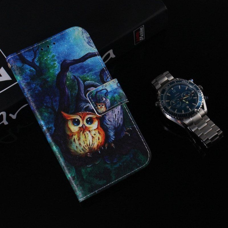 Folio Deksel Til Oppo Reno 8 Med Kjede Strappy Owls Maleri