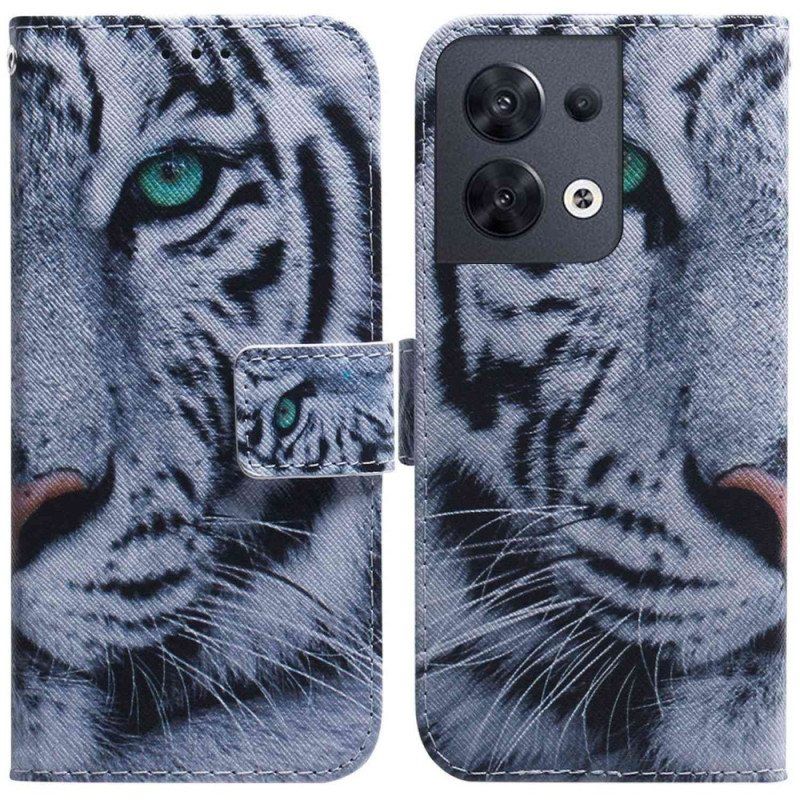 Folio Deksel Til Oppo Reno 8 Med Kjede Strappy White Tiger