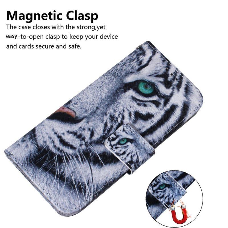 Folio Deksel Til Oppo Reno 8 Med Kjede Strappy White Tiger