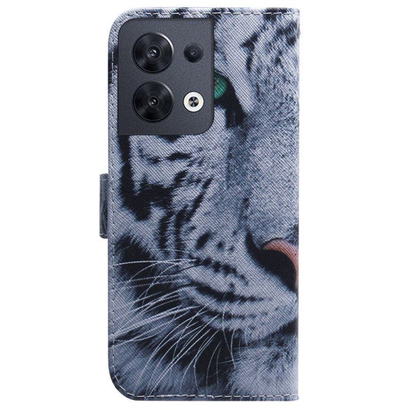 Folio Deksel Til Oppo Reno 8 Med Kjede Strappy White Tiger