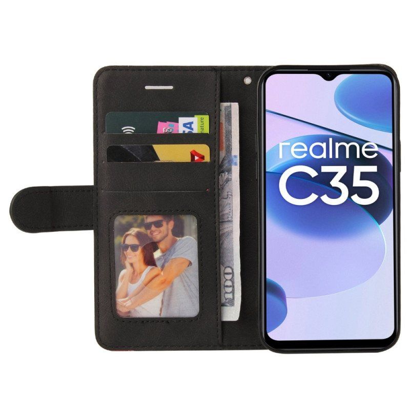 Folio Deksel Til Realme C35 Med Kjede Tofargede Linjer Med Stropp