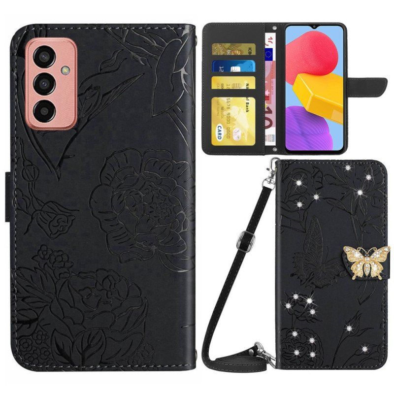 Folio Deksel Til Samsung Galaxy M13 Butterfly Charm Og Skulderstropp