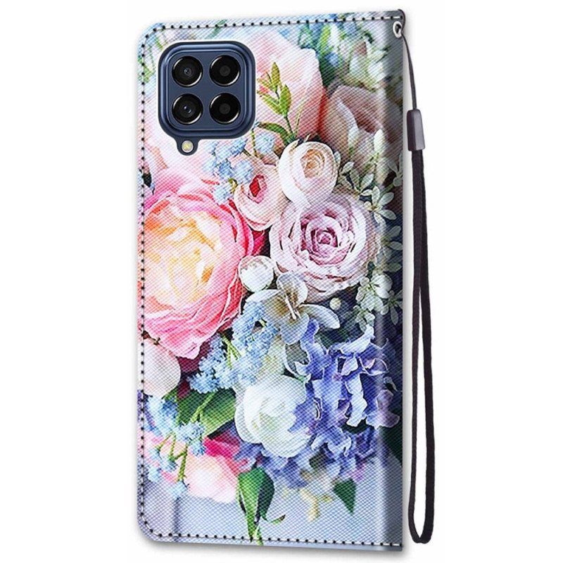 Folio Deksel Til Samsung Galaxy M53 5G Blomster Med Snor