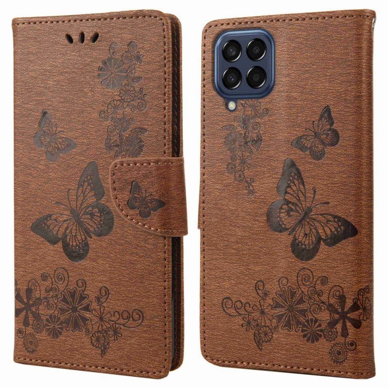 Folio Deksel Til Samsung Galaxy M53 5G Med Kjede Strappy Butterflies Design