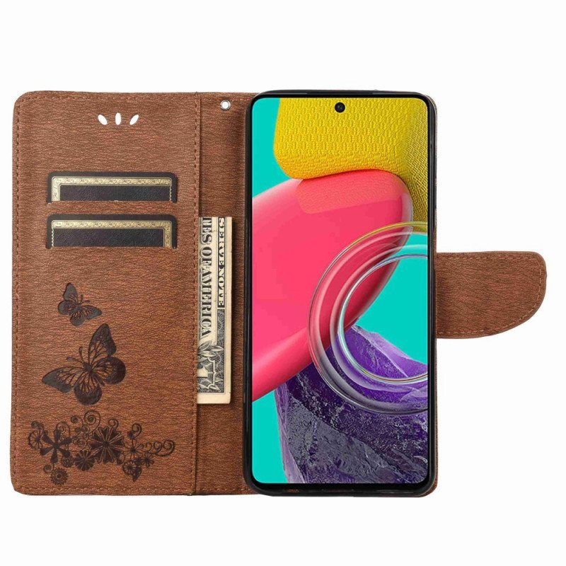 Folio Deksel Til Samsung Galaxy M53 5G Med Kjede Strappy Butterflies Design