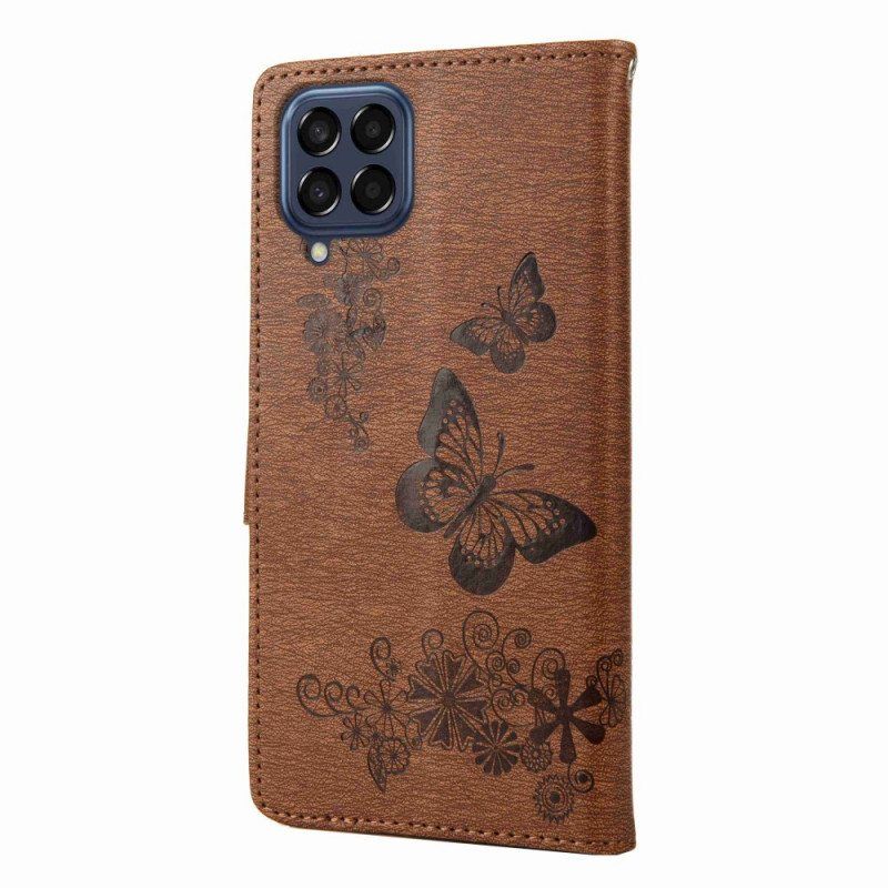 Folio Deksel Til Samsung Galaxy M53 5G Med Kjede Strappy Butterflies Design