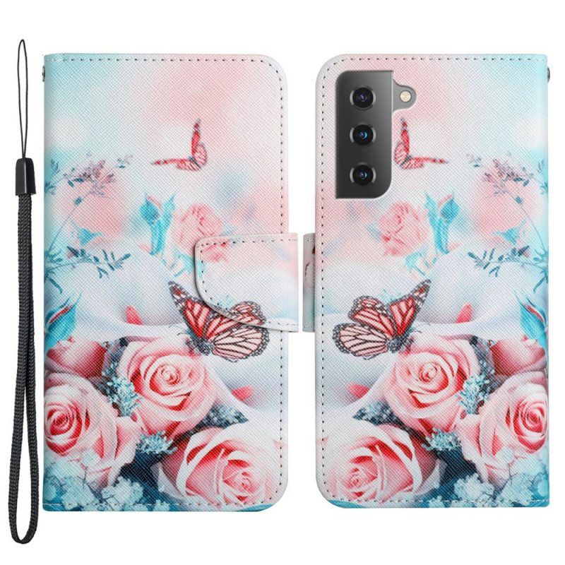 Folio Deksel Til Samsung Galaxy S22 Plus 5G Bukett Med Blomster Og Sommerfugler