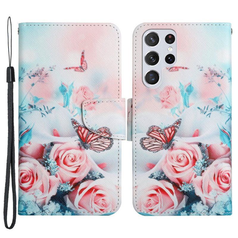 Folio Deksel Til Samsung Galaxy S22 Ultra 5G Bukett Med Blomster Og Sommerfugler