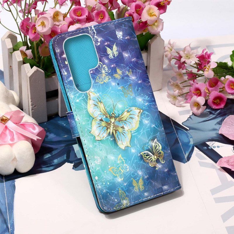 Folio Deksel Til Samsung Galaxy S22 Ultra 5G Golden Butterflies Lanyard