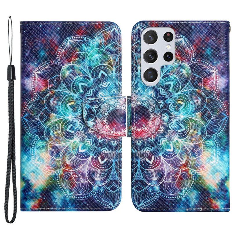 Folio Deksel Til Samsung Galaxy S22 Ultra 5G Med Kjede Prangende Half Mandala Strappy