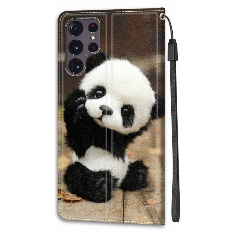 Folio Deksel Til Samsung Galaxy S22 Ultra 5G Med Kjede Spill Little Panda Med Stropp