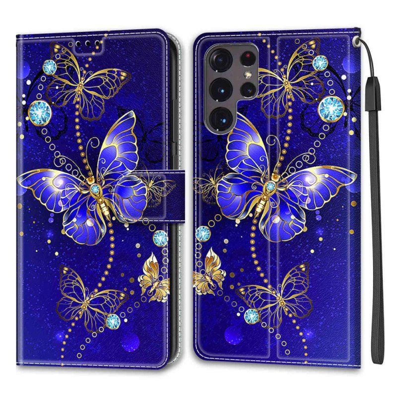 Folio Deksel Til Samsung Galaxy S22 Ultra 5G Med Kjede Strap Butterflies Fan