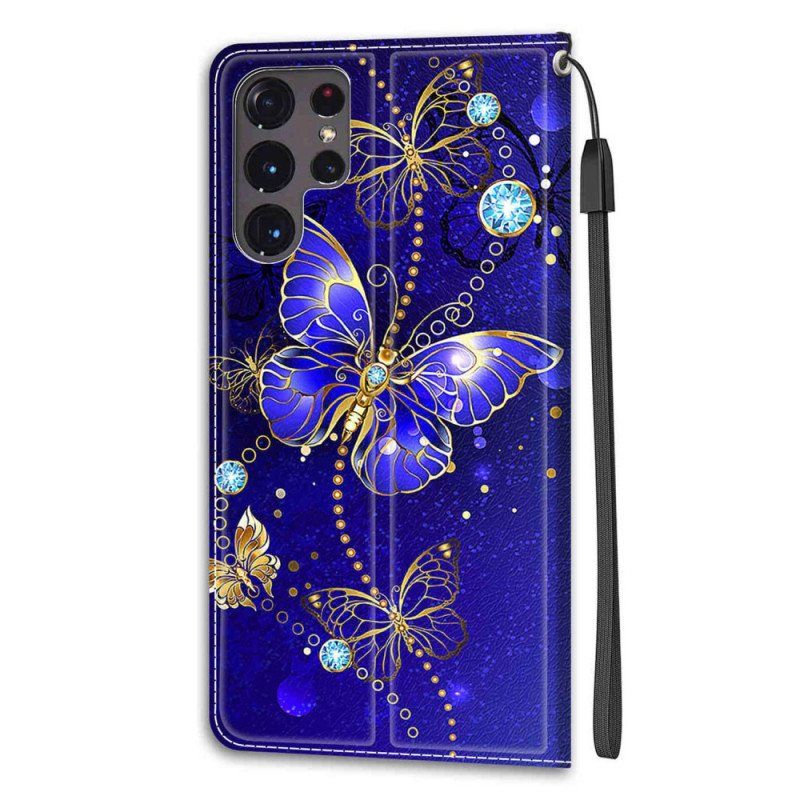 Folio Deksel Til Samsung Galaxy S22 Ultra 5G Med Kjede Strap Butterflies Fan