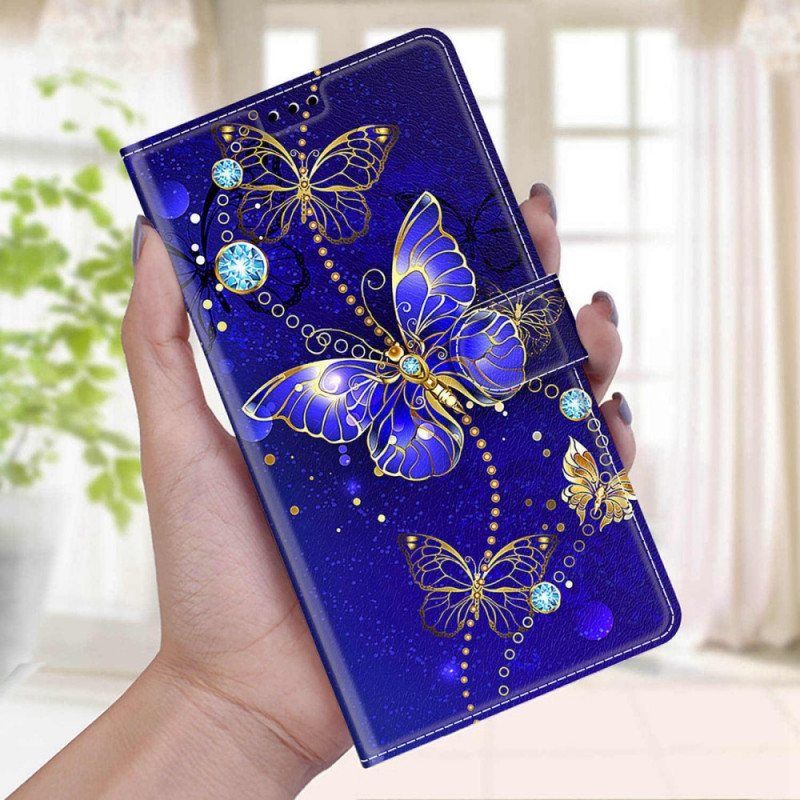 Folio Deksel Til Samsung Galaxy S22 Ultra 5G Med Kjede Strap Butterflies Fan