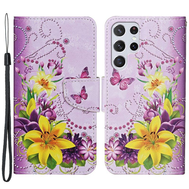 Folio Deksel Til Samsung Galaxy S22 Ultra 5G Mesterlige Blomster Med Stropp