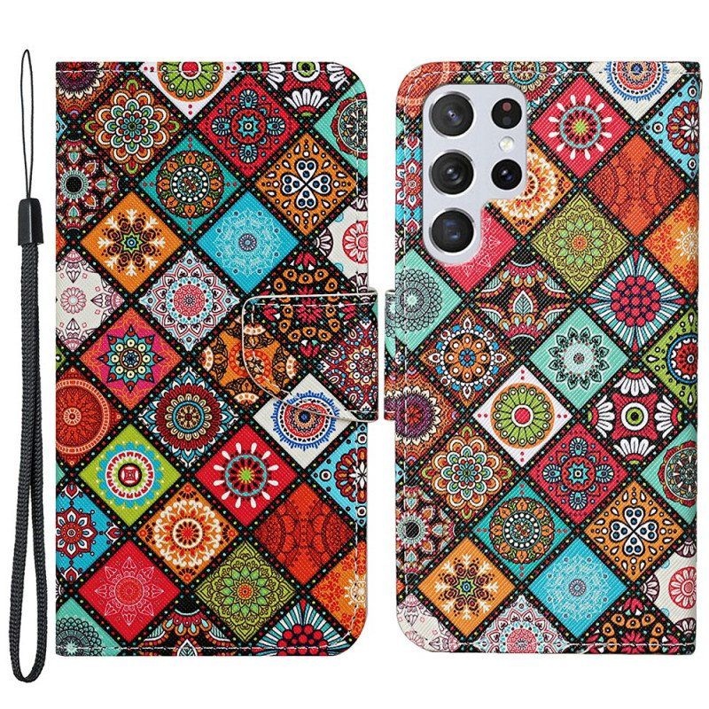 Folio Deksel Til Samsung Galaxy S22 Ultra 5G Patchwork Mandalaer Med Snor