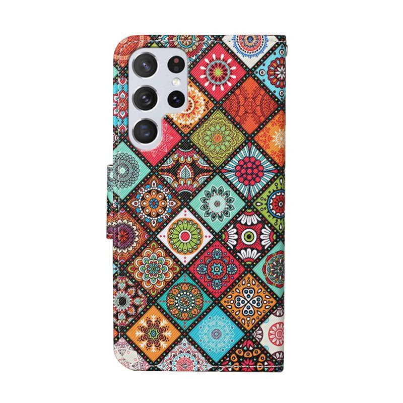 Folio Deksel Til Samsung Galaxy S22 Ultra 5G Patchwork Mandalaer Med Snor