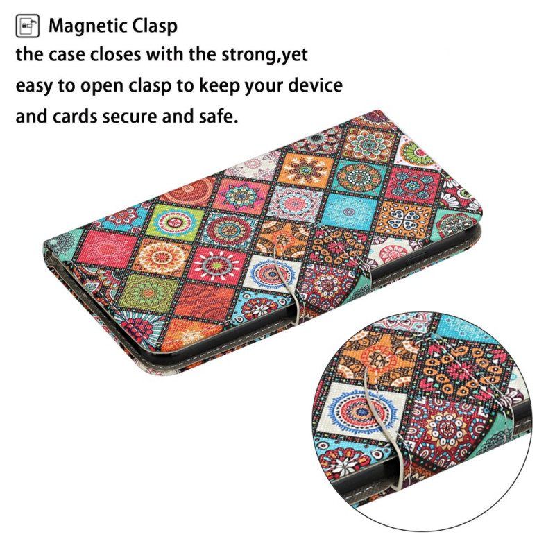 Folio Deksel Til Samsung Galaxy S22 Ultra 5G Patchwork Mandalaer Med Snor