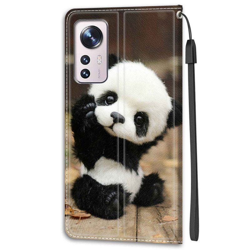 Folio Deksel Til Xiaomi 12 / 12X Med Kjede Lille Panda Med Stropp