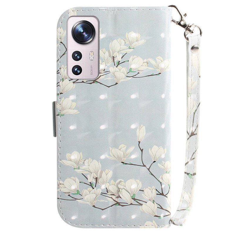 Folio Deksel Til Xiaomi 12 / 12X Med Kjede Strappy Hvite Blomster