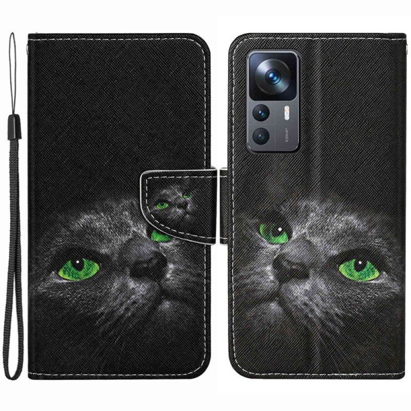 Folio Deksel Til Xiaomi 12T / 12T Pro Med Kjede Green Eyed Cat I Stropp