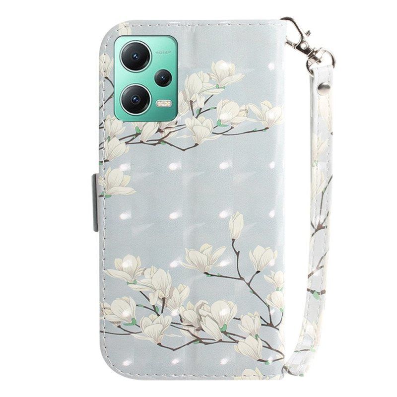 Folio Deksel Til Xiaomi Redmi Note 12 5G Med Kjede Strappy Hvite Blomster