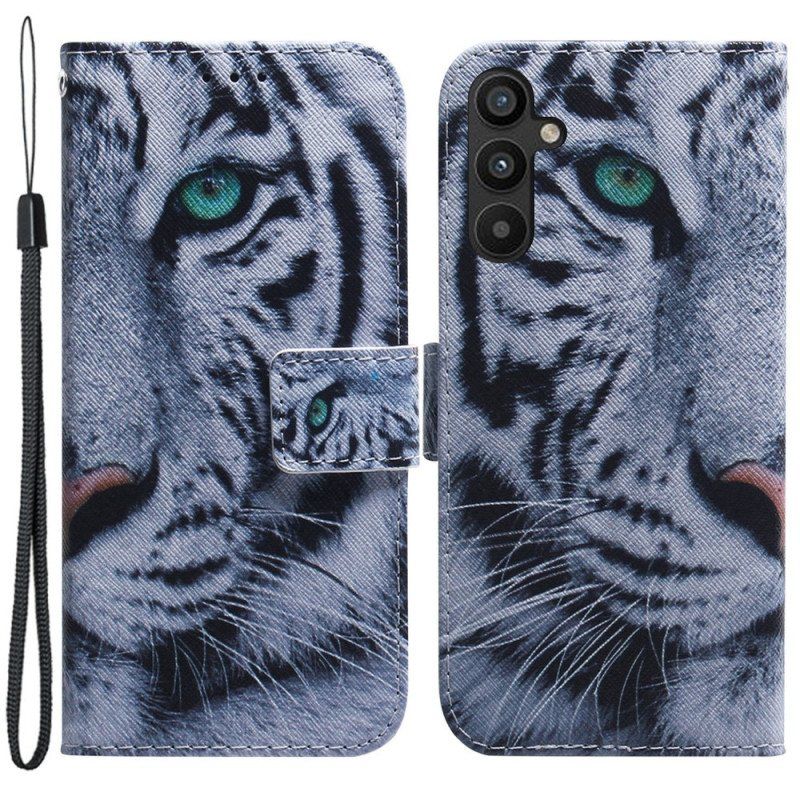 Lærdeksel Til Samsung Galaxy A54 5G Med Kjede Strappy White Tiger