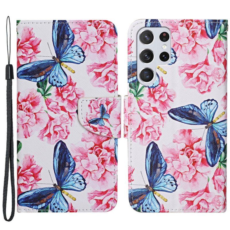 Lærdeksel Til Samsung Galaxy S22 Ultra 5G Butterflies Floral Lanyard