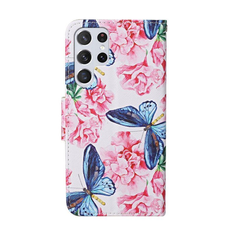 Lærdeksel Til Samsung Galaxy S22 Ultra 5G Butterflies Floral Lanyard