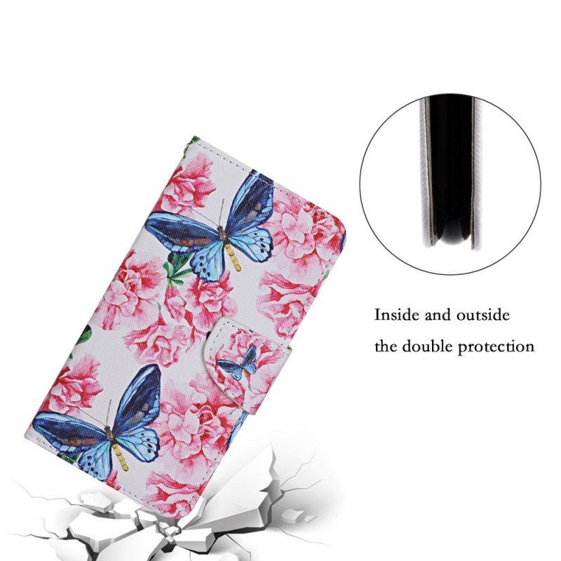 Lærdeksel Til Samsung Galaxy S22 Ultra 5G Butterflies Floral Lanyard