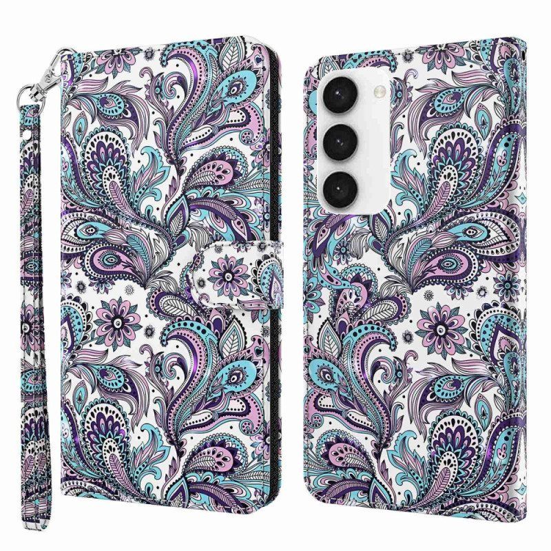 Lærdeksel Til Samsung Galaxy S23 5G Med Kjede Strappy Paisley-mønster