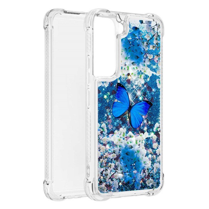 Mobildeksel Til Samsung Galaxy S22 5G Glitter Blå Sommerfugler